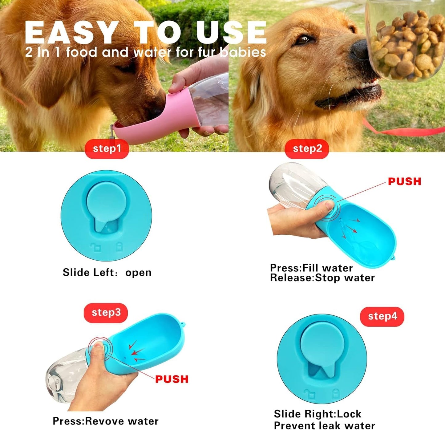 2in1 Pet Water Bottle and Food Container for Dogs